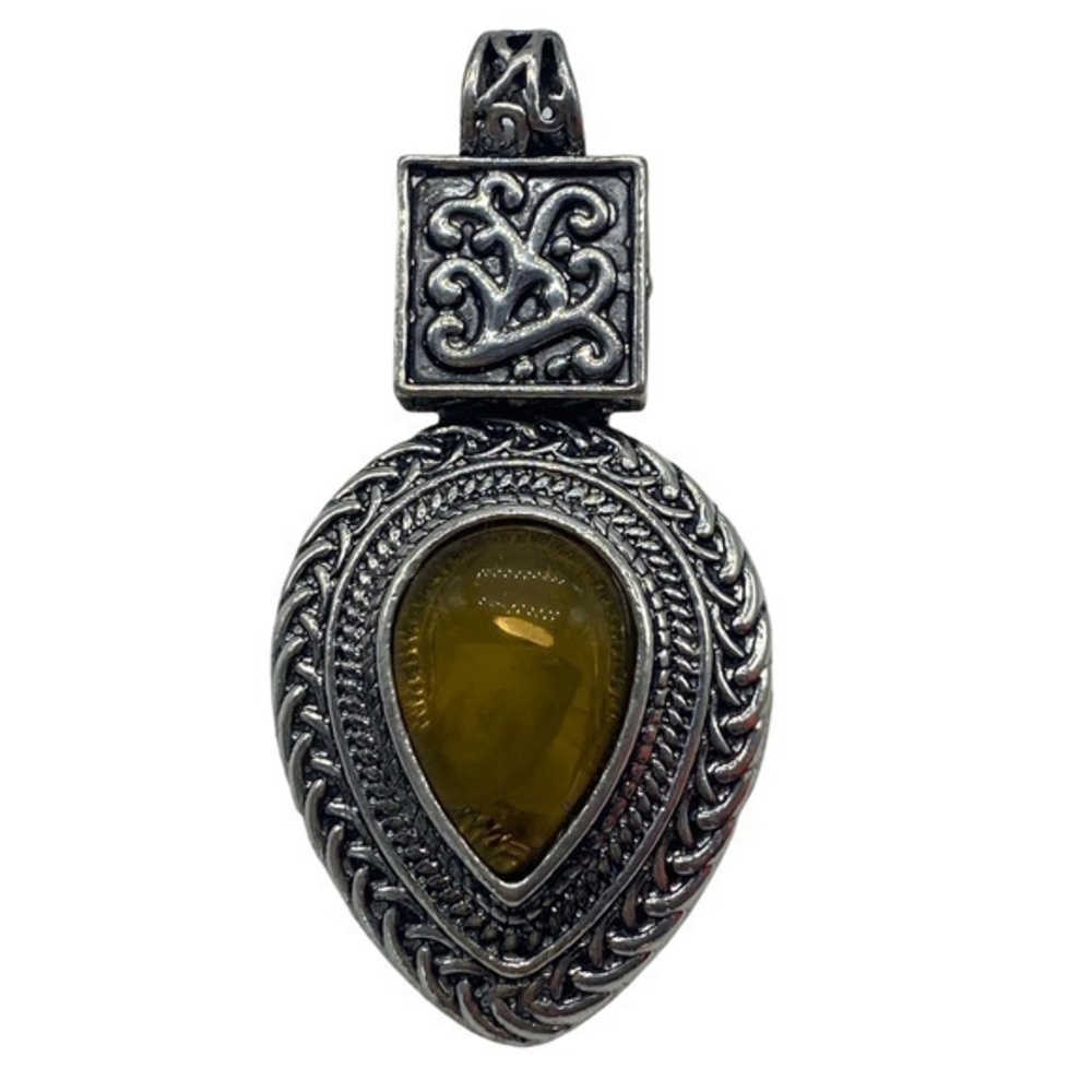 Pressed Amber Gemstone Pendant 925 Sterling Silver 2.75in